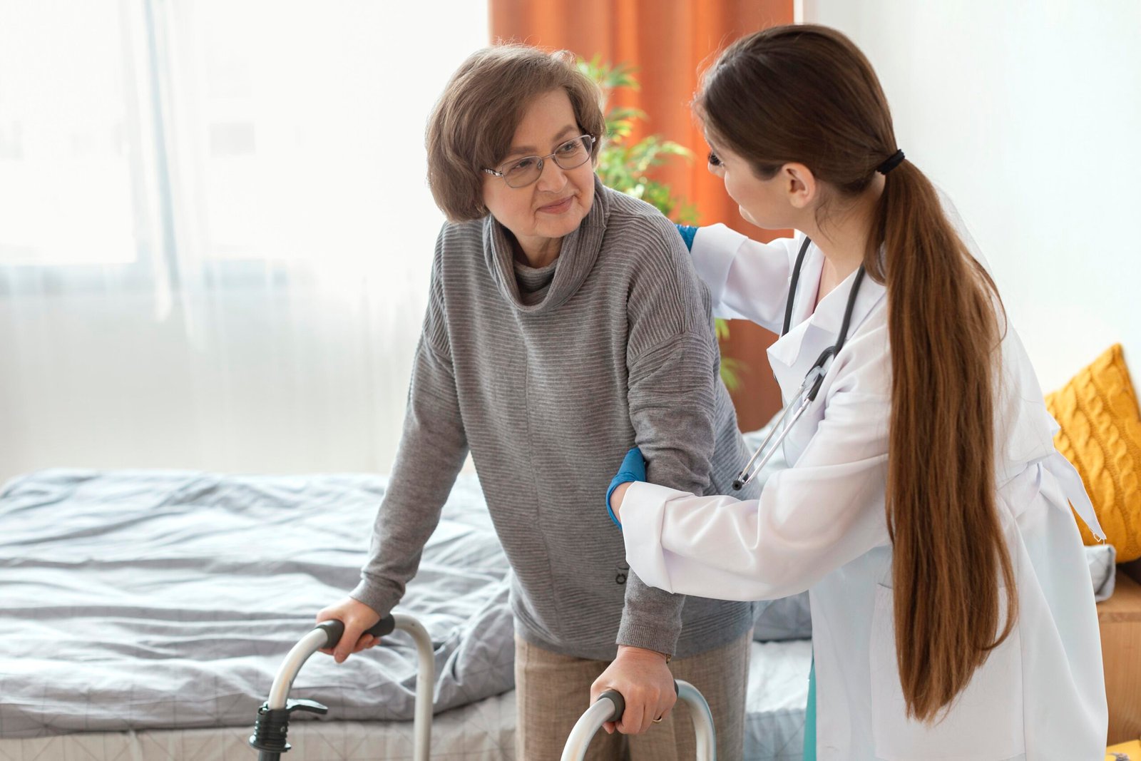 medium shot doctor helping woman